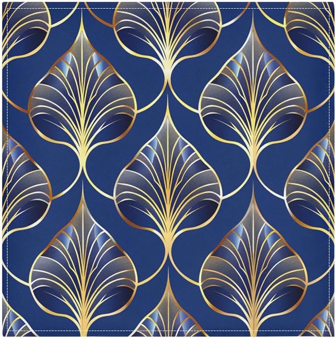 ALAZA Art Deco Floral Royal Blue & Gold Cloth Napkins Set of 4, 20x20 Inch Washable and Reusable Napkin for Decoupage Dinner Party Everyday Use