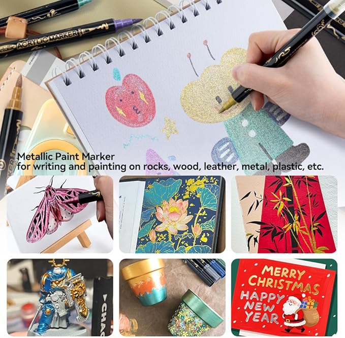 TRANSON 12Colors Metallic Paint Markers Bold and Brush Dual-tip for Rock Wood Ceramic Canvas DIY Painting Drawing