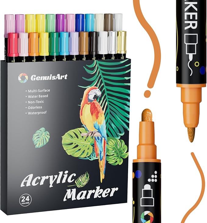 24 Colors Acrylic Paint Pens, Acrylic Paint Markers Dual Tip, with Dot Tip and Fine Tip, Acrylic Markers for Rock Painting, Wood, Canvas, Fabric, Paper, DIY Crafts Making Art Supplies (24)