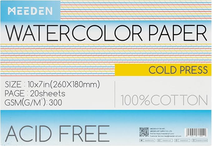 MEEDEN Watercolor Paper Block, 100% Cotton Watercolor Paper Pad of 20 Sheets, 140lb/300gsm, Acid-Free Art Paper for Watercolor, Gouache, Ink and More, 10" x 7" Cold Press