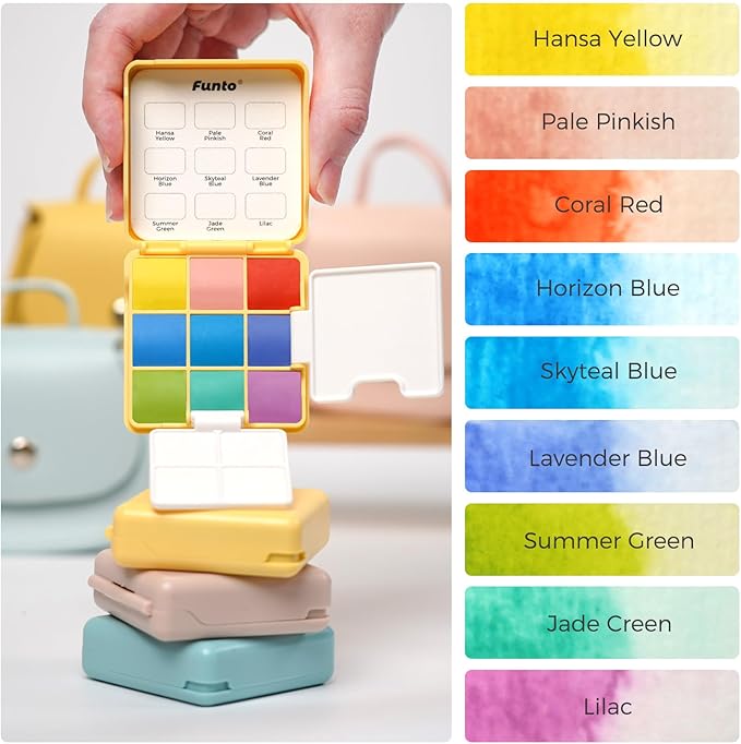 Funto Pocket Watercolor Set, Travel Color Kit, with 9 Colors, Leather Bag, Paint Water Cup, Foldable Palettes, and Mini Watercolor Papers, Set for Art