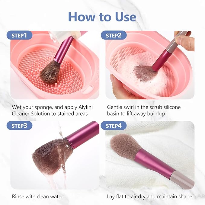 Alyfini Makeup Brush Cleaner Solution + Scrub Basin Combo, Removes Tough Stain on Make Up Brushes Set/Sponge/Puffs, Deep Clean Inner Bristles from Waterproof Foundation/Concealer, 10.2 Fl Oz/300 ml