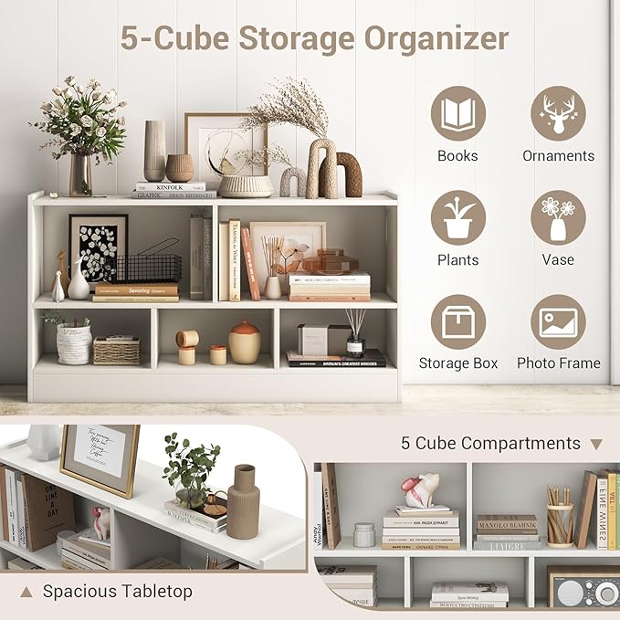LOKO 2 Tier 5 Cube Bookcase, Open Shelf Storage Cabinet, Wooden Display Cabinet Shelf, Multipurpose Bookshelf for Living Room, Hallway, Home Office, Classroom (White)