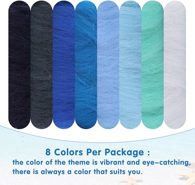 Wonvoc Needle Felting Wool 80 g, 8 Colors Nature Wool Roving, Felting Wool Bulk, Wool Roving for Needle Felting, for DIY Craft Materials and Felting Wool Craftsmen, 10g/Color, Blue