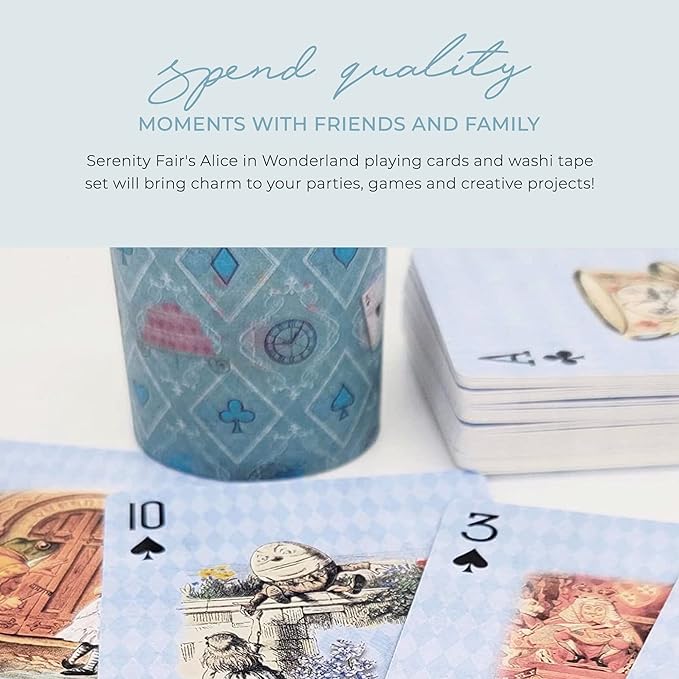 Blue Alice Adventures in Wonderland Playing Cards & Washi Tape Set - Stickers, Scrapbook Supplies, Crafts, Planner Accessories, Party Decor, Waterproof Card Games for Adults, Kids, Family & Travel