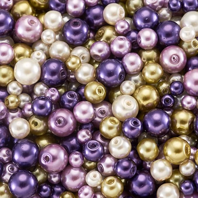 About 1840Pcs 4/6/8mm Glass Pearl Beads Pearlized Beads Multi Colors Round Spacer Beads for DIY Craft Jewelry Making Hole: 1mm, Mixed Purple&Light Yellow