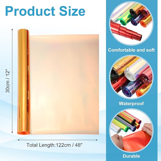 MECCANIXITY Holographic Clear PVC Vinyl Film Holographic PVC Fabric Waterproof Dichroic Film 12 x 48 Inch for Handbags Bows Earrings DIY Craft,Laser Orange Color