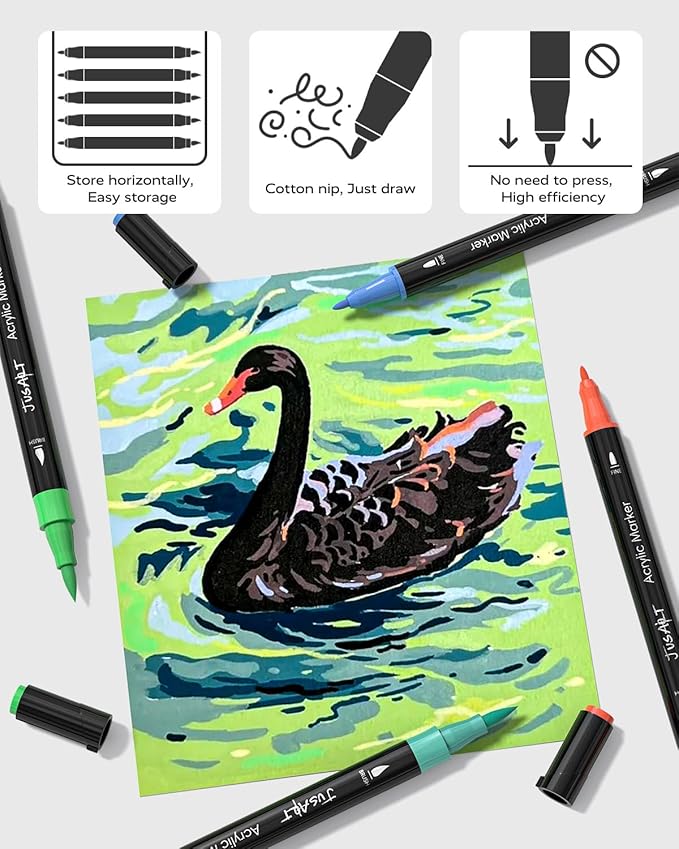 JusArt 24 Colors Dual Tip Acrylic Paint Pens Markers, Brush and Fine Tip, Premium Paint Pens for Wood, Canvas, Egg, Stone, Fabric, Rocks, Metal, Glass, Ceramic, DIY Crafts Making Art Supplies Gifts
