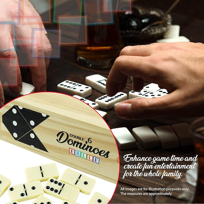 ERLLE - Dominoes Set, Premium Classic 28-Piece Double Six Domino Set with Wooden Case, Family & Kids Board Game, Mexican Train, Chicken Foot, and Classic Domino Games