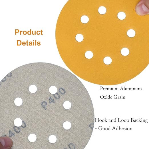 5-Inch 8-Hole Hook and Loop Sanding Discs 400-Grit Random Orbit Sandpaper, 100-Pack