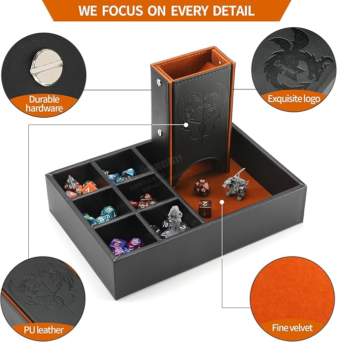 3 in 1 Dice Tray and Tower with Storage, Portable Dice Box for DND, D&D, MTG - Brown