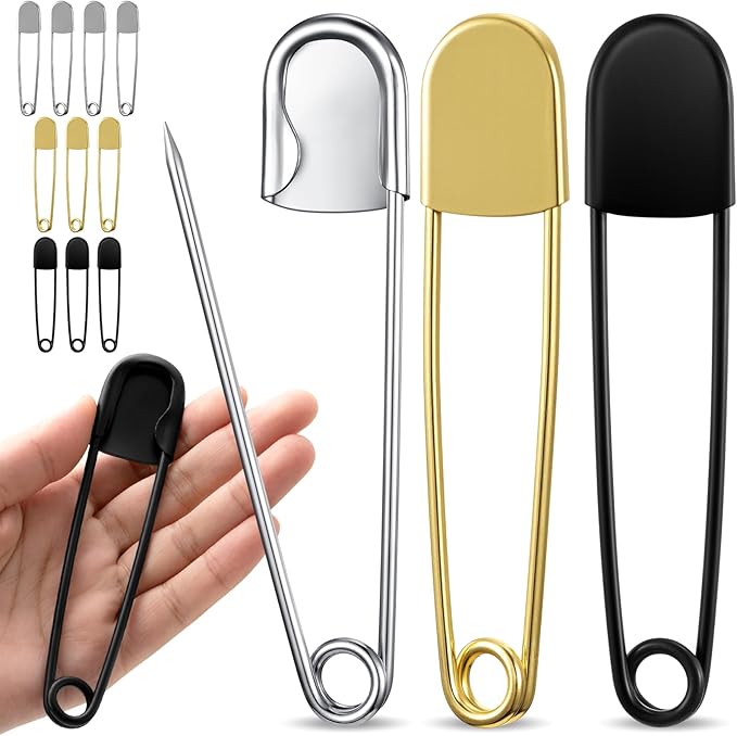 Juexica 10 Pcs 5 Inch Jumbo Stainless Steel Safety Pins Large Heavy Duty Huge Strong Laundry Pins for Upholstery Sewing Quilting Key Rings Craft Outdoor (Black,Silver,Gold)