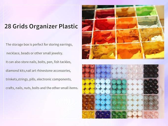 4Packs 28 Grids Bead Organizer Plastic Organizer Box with Fixed Dividers-Jewelry, Accessories, and Small Parts Container Clear Box for Jewerly Beads, Sewing, Drawing