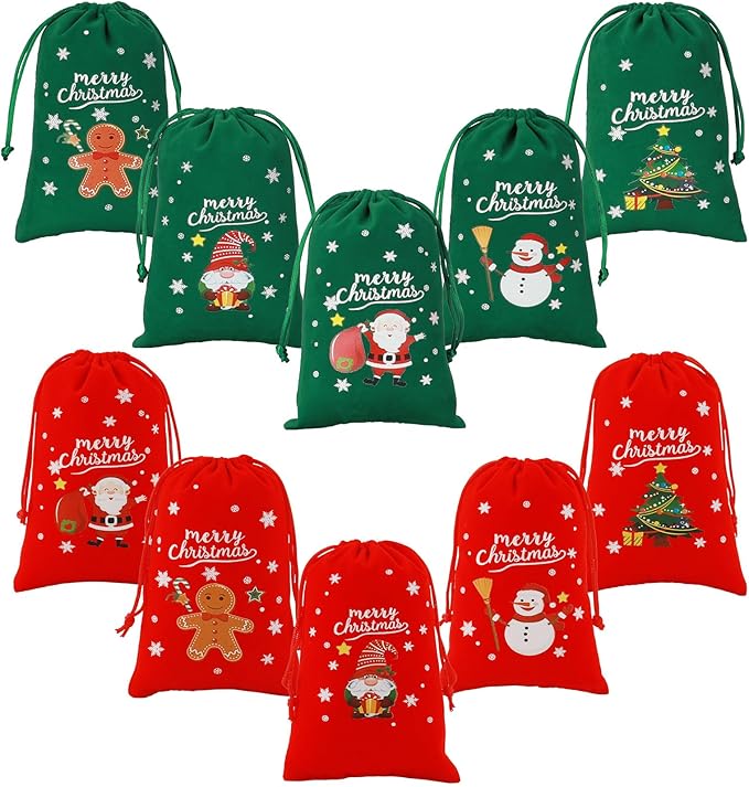 Tapleap Christmas Bags with Drawstring - 50Pcs 4x6 Red and Green Velvet Cloth for Wrapping Dice, Jewelry, Party Favors or Gifts for Friends, Children, Customers