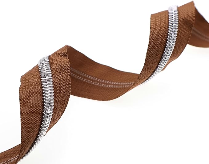 Leekayer #5 Silver Metallic Nylon Coil Zippers by The Yard Bulk 10 Yards Brown Zipper Tape with 25pcs Silver Ring Pull Sliders for DIY Sewing Tailor Craft Bag(Brown)