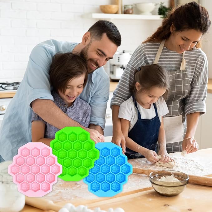 3Pcs Honeycomb Bees Silicone Molds, XJMWXHFC 19 Cavities Chocolate Molds, Food Grade Silicone Baking Molds, Non-Stick Cake Mold for Chocolate, Candy, Jelly, Ice Cube, Mini Cakes (Pink, Green, Blue)