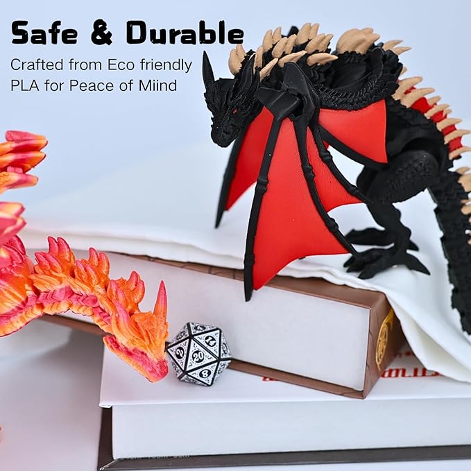 3D Printed Dragon - 12 inch Flying Flexible Dragon with Wings, Home Decor, Birthday Gift, Desk Pet(Red Black-Dragon)