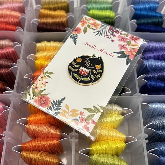 Hydrangea Magnetic Needle Minder for Cross Stitch – Strong Needlepoint Holder, Embroidery Sewing Magnet – Secure & Decorative Needle Minders for Stitching & Crafting (Floral Cat)