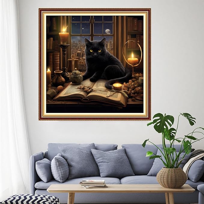 Funchey Stamped Cross Stitch Kits, DIY Cross Stitch Pattern for Adults Beginners Needlepoint Kits Embroidery Kit Arts and Crafts 11CT-Black Cat Book 18x18 inch