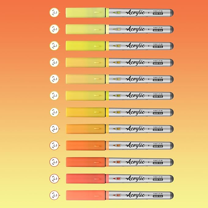Yellow Orange Acrylic Paint Pens,12 Color Paint Pens Markers,Brush Tip Paint Pens for Rock Painting Wood Glass Ceramic Canvas Stone DIY Crafts Making Art Supplies