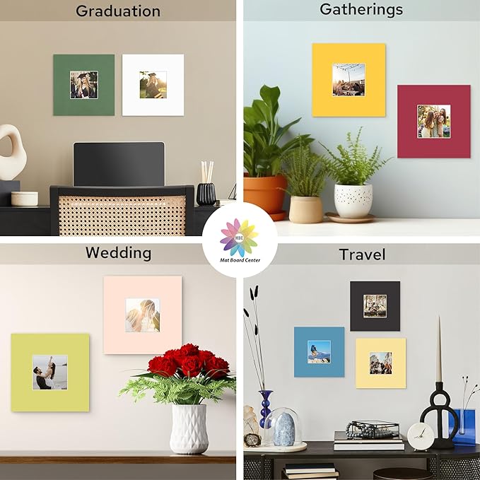 Mat Board Center, 8X8 Mix Color Mats for 4X4 Pictures - Acid Free, 4-Ply Thickness, White Core, Bevel Cut - for Artworks, Photos, Framing - Pack of 12