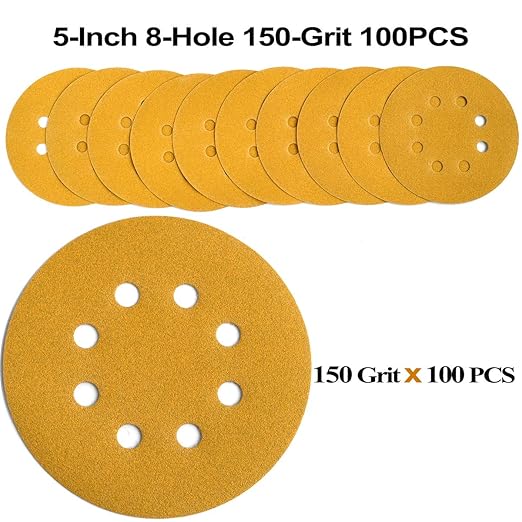 5-Inch 8-Hole Hook and Loop Sanding Discs 150-Grit Random Orbit Sandpaper, 100-Pack
