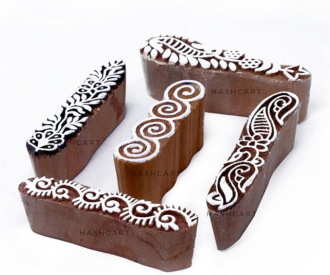 Hashcart | Set of 5 | Finger Shapes Wooden Printing Stamps for Saree Border Heena Clay Kids Art Project, Tattoo Handcarved Indian Textile Printing Blocks