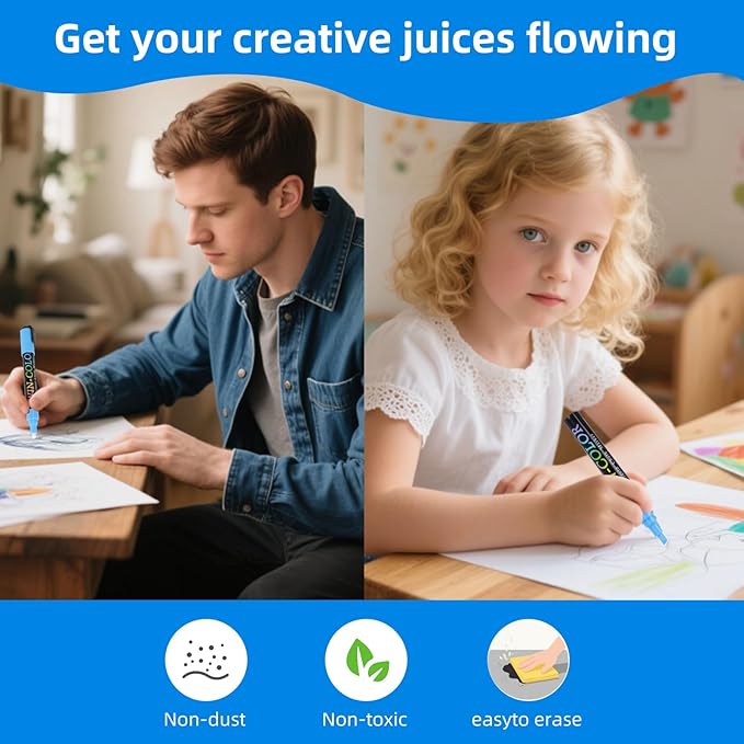 Liquid Chalk Markers Erasable,8 Colours Window Markers,6mm Reversible Tip,Zero Dust,Non-toxic,Quick Drying,for Blackboards,Glass,Cars,Restaurant Menu