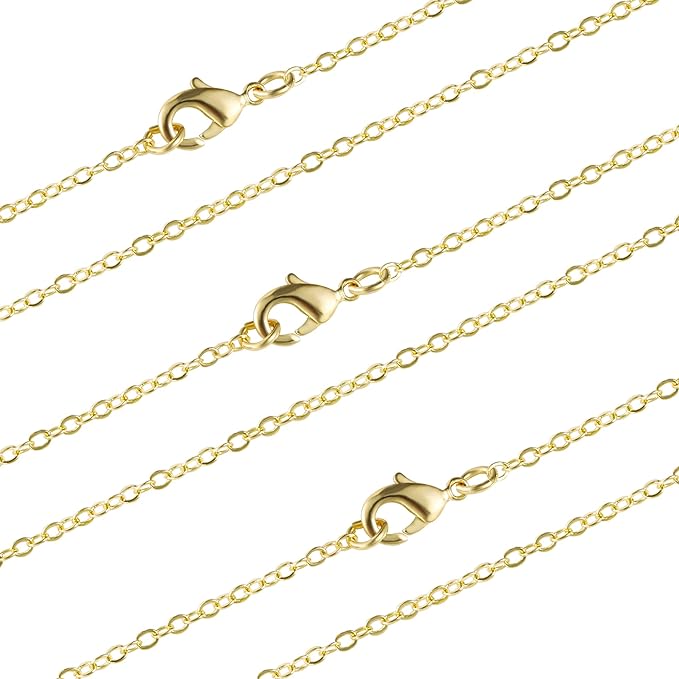 Wholesale 12 PCS Gold Plated Brass Flat Cable Chain Finished Necklace Chains Bulk for Jewelry Making (18 Inch(1.5MM))