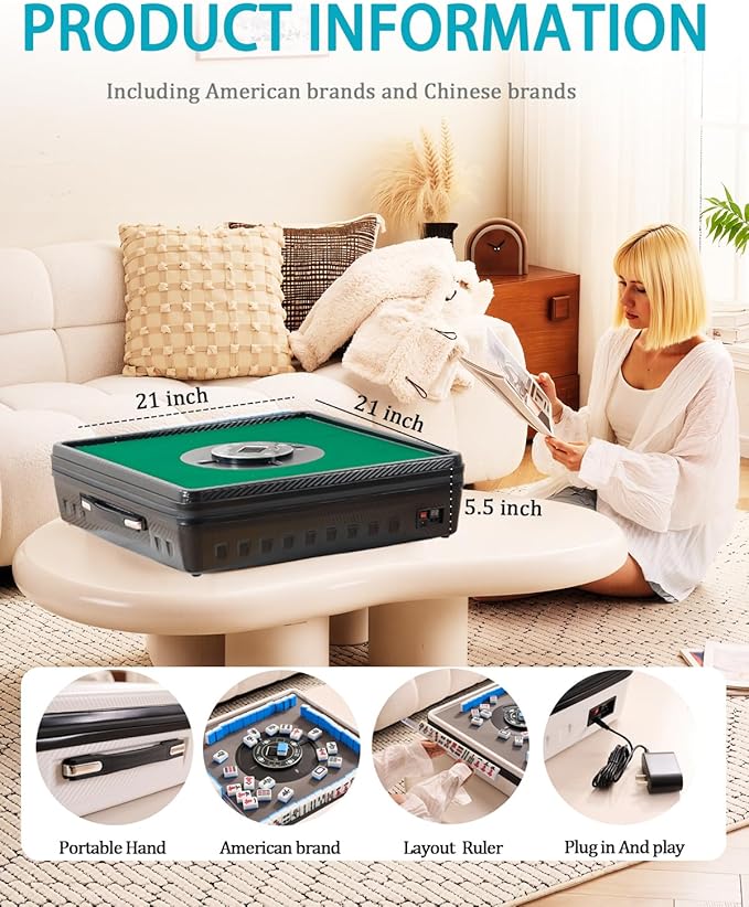 Portable Automatic Mahjong Table, Hand-held Mini-Mahjong, Automatic Mahjong, Foldable Mahjong Table w/American&Chinese -Style Magnetic Tiles, for Outdoor & Home Fun (Black)