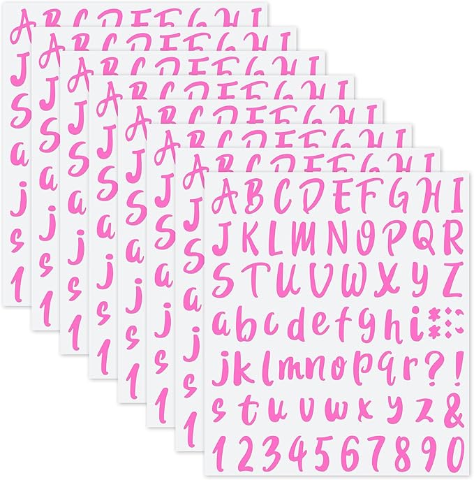 Outus 576 Pieces 8 Sheets Letters Stickers Self Adhesive Vinyl Letter Alphabet Number Stickers Mailbox Numbers Sticker, Decals for Classroom Decor, Sign, Door(Pink,1 Inch)