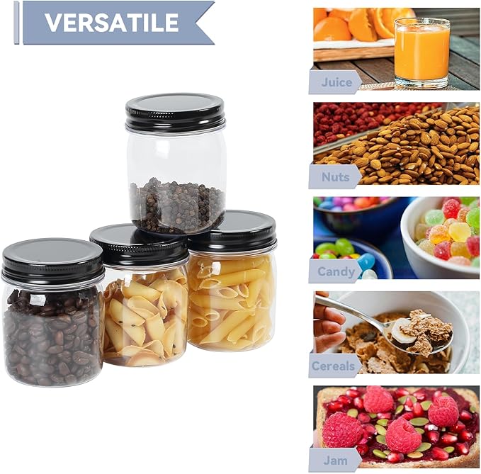 novelinks 8 oz Clear Plastic Jars with Screw-On Lids - BPA-Free Refillable Storage Containers for Slime, Spices, Crafts, Kitchen & Home Organization (8 Pack,Black)