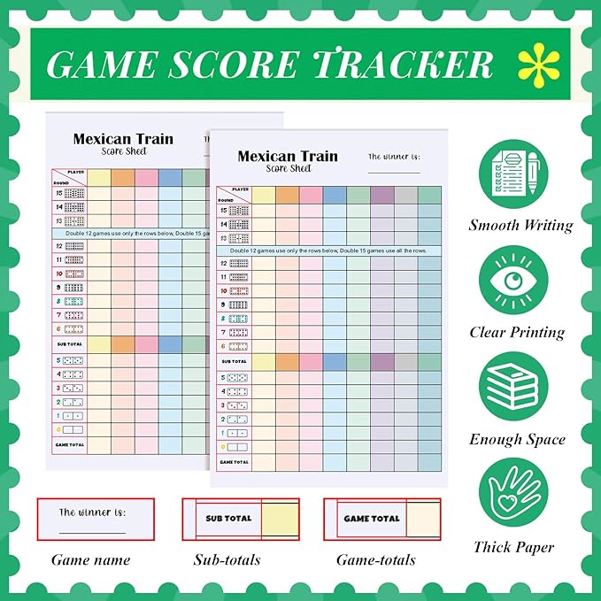 2 Pack 120 Sheets Mexican Train Score Pads Colorful Chicken Foot Dominoes Game Scorepad Adult Mexican Train Score Sheet Scoreboard Paper Record Clearly for Family Game (8 x 5.5 Inches)