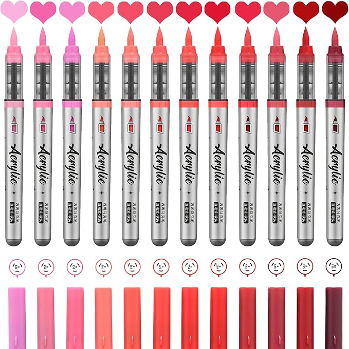 Red Acrylic Paint Pens,12 Color Paint Pens Markers,Brush Tip Paint Pens for Rock Painting Wood Glass Ceramic Canvas Stone DIY Crafts Making Art Supplies