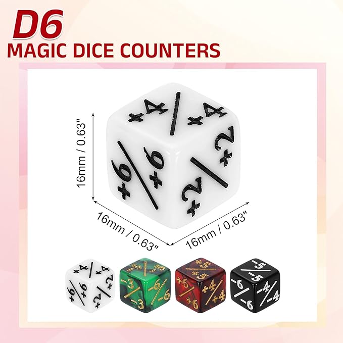 uxcell 48Pcs Magic Dice Counters, Acrylic D6 Life Token Dice Set with Pouch for Standard Cards Gaming Accessories, White, Black, Red & Black, Green & Black