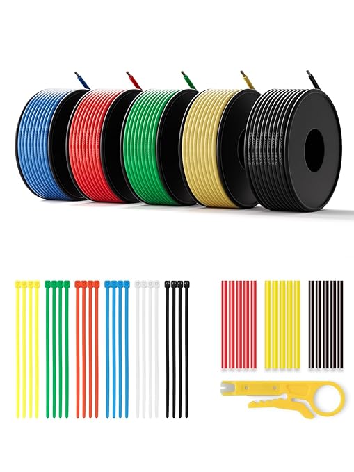 24 AWG Silicone Wire Kit 50FT, 24 Gauge Stranded Tinned Copper Wire Spool, 5 Colors 10FT Each,Flexible Electrical Wire for DIY, Automotive, LED, Arduino, Battery Projects