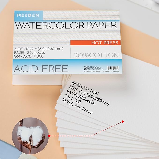 MEEDEN Watercolor Paper Block, 100% Cotton Watercolor Paper Pad of 20 Sheets, 140lb/300gsm, Acid-Free Art Paper for Watercolor, Gouache, Ink and More, 9" x 12" Hot Press