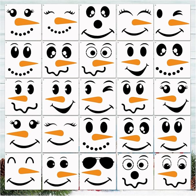 25pcs Christmas Snow Man Face Stencils for Crafts Reusable Drawing Stencil Small Ornament Stencils for Painting on Wood Christmas Balls Wall Home Decorations(25 Snowface 3in)