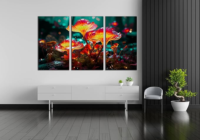 SpiritualHands Fantastic Mushrooms Glass Wall Art Oil Painting for Living Room, Tempered Glass Modern Prints Decor, Large Vivid Color Panel for Bedroom, Kitchen, or Office