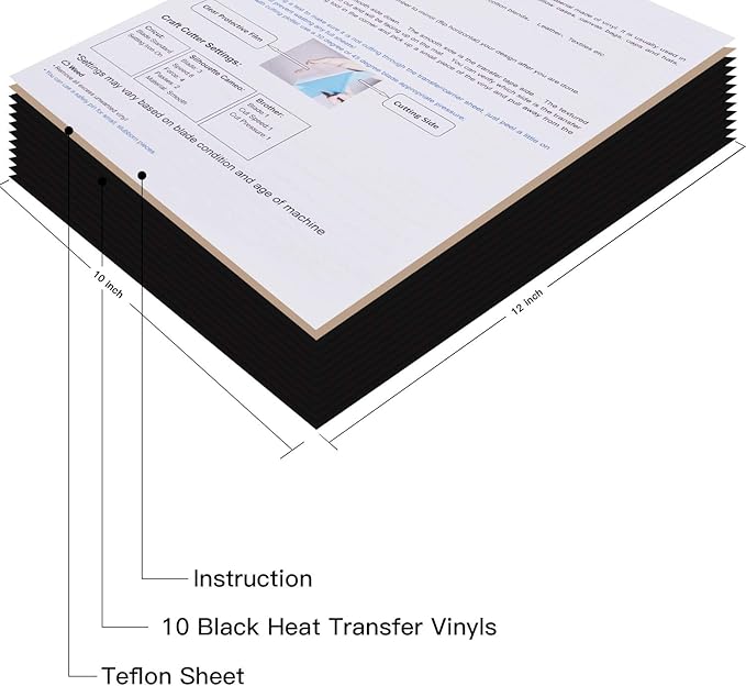 JANDJPACKAGING Black Heat Transfer Vinyl for T- Shirts- 10 Sheets,10"x12" Black HTV Iron On Vinyl for Cricut and Silhouette Cameo Including Teflon Sheet