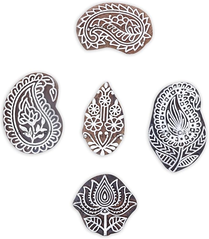 HASHCART® Elegant Designs Flower and Lotus Wooden Block Stamps Set of 5, Handmade Wood Printing Stamps for Kids' Art Projects, Textiles, Fabric, Clay, Henna, Tatotoo, Wood Stamp for Craft