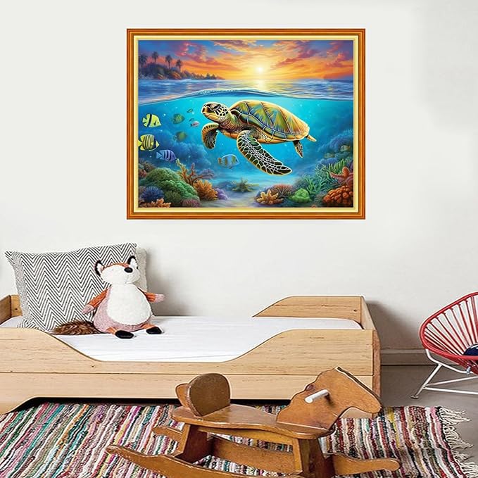 Foxdiviy Stamped Cross Stitch Kits for Beginners Full Range of Cross Stitching 11 CT Printed Cross Stitch Kits for Kids Adults Cross Stitch Patterns Needlepoint Kits-Ocean Turtle 16x20 inch