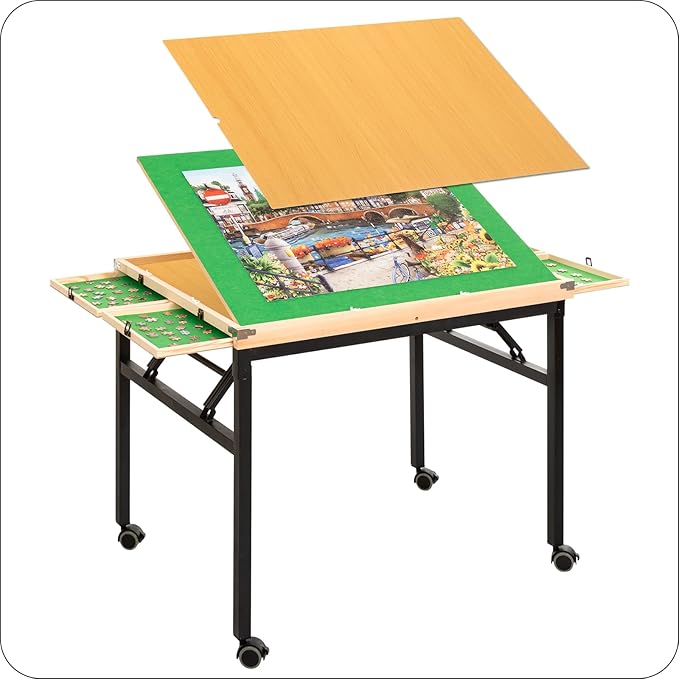 Puzzle Table and Board with 4 Drawers - Adjustable Tilting Angle, Wheels & No Assembly Folding Legs for 1500 Piece Jigsaw Puzzles - Wooden Cover Protection for Adults, Moms & Crafters
