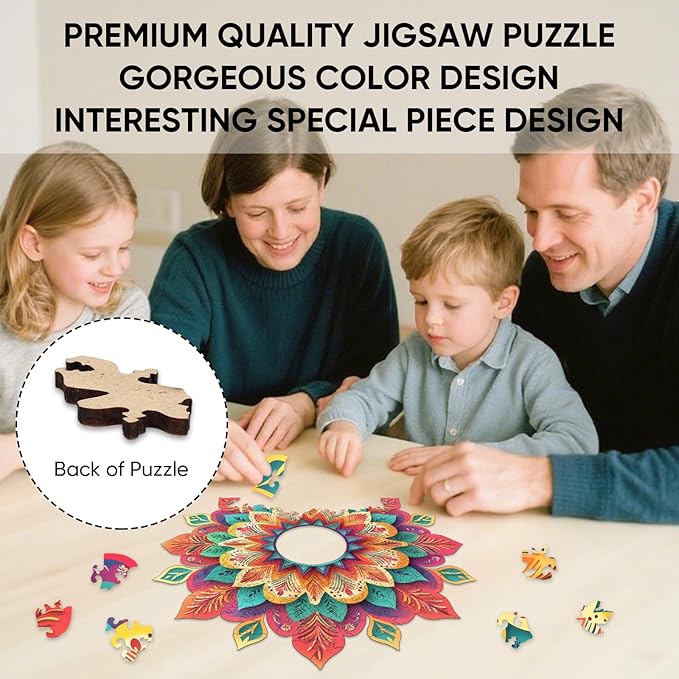 Wooden Puzzles for Adults, Hollow Mandala Wooden Jigsaw Puzzles 200 Pieces, Unique Design Adult Puzzles, Family Brain Game Gift, 11.2x11.3 inch
