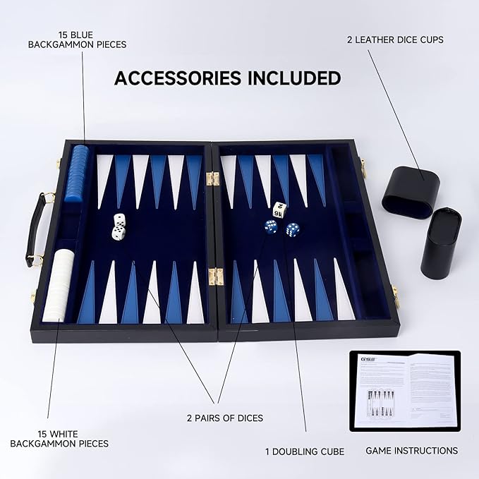GSE Games & Sports Expert Premium Leather Backgammon Board Game Set, Classic Backgammon Game Set with Leather Case, Travel Folding Board Game (Black&Blue, Large)