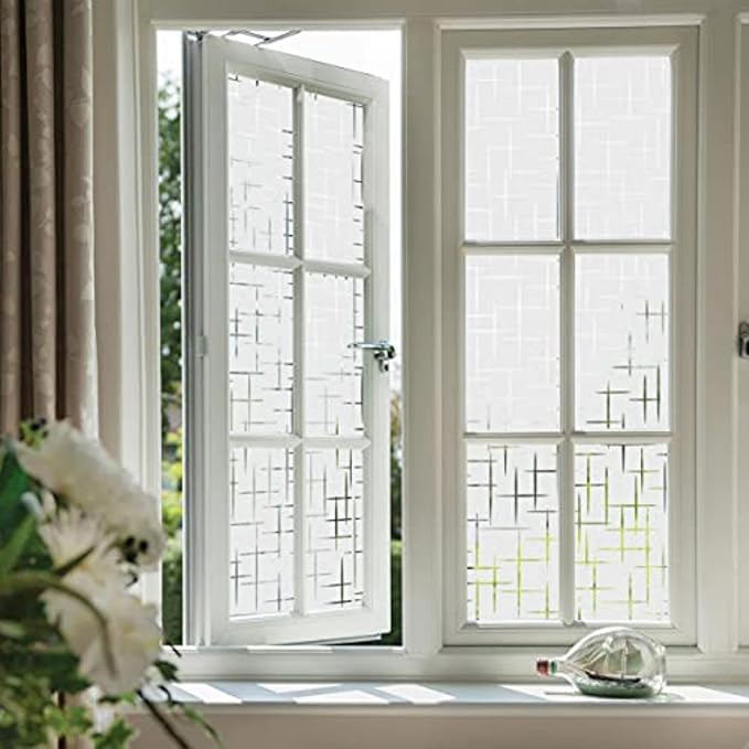 Finnez Frosted Window Film Non-Adhesive, Frosting Privacy Film for Glass Windows, Self Static-Cling Decorative Window Cling for Home Office UV Protection Cross Pattern 11.8 x 118.1 inches