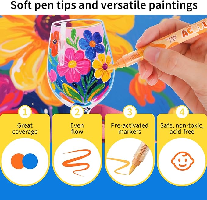 Guangna Acrylic Paint Markers 12 Colors, Skin Tone Series Set with Soft Brush Tip Water Based, Fine Tip Markers for Wood, Canvas, Rock Painting, Glass, Diy Crafts, Fabric Paint