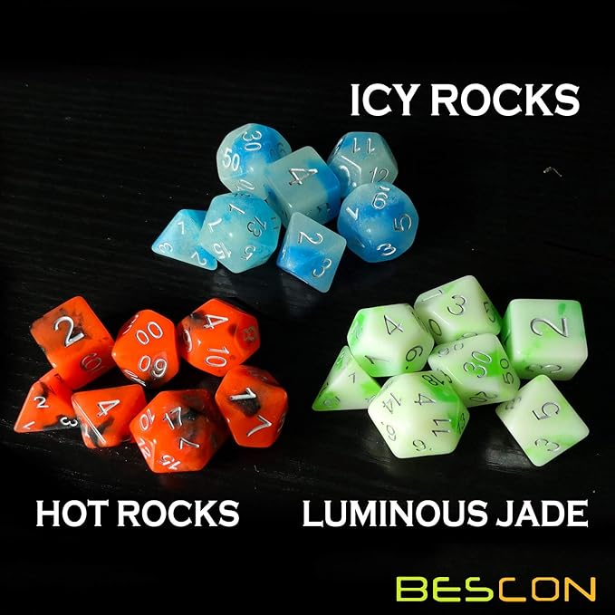 Bescon Glowing Polyhedral RPG Dice Set Luminous Jade, Bescon Glow in Dark Poly Dice Set of 7, DND Role Playing Game Dice