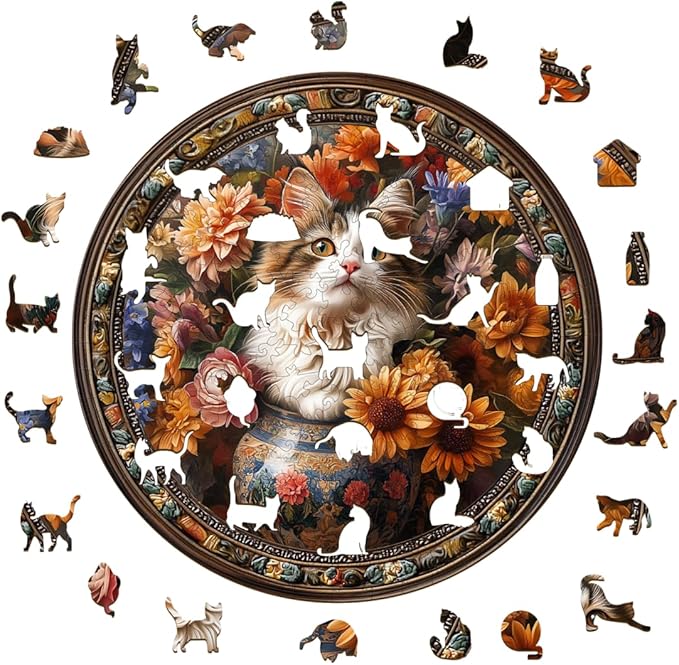 Wooden Puzzles Adults, Beautiful Tricolor Cat Wooden Puzzles 100 Pieces, Unique Animal Shaped Wood Challenging Jigsaw Puzzles Gifts for Adults, 8.5x8.5in