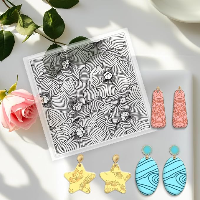 6 PCS Large Polymer Clay Texture Sheets 5.5 x 5.5 Inch Boho Clay Mat Works with Polymer Clay Cutter Pottery Earrings Jewelry DIY Making